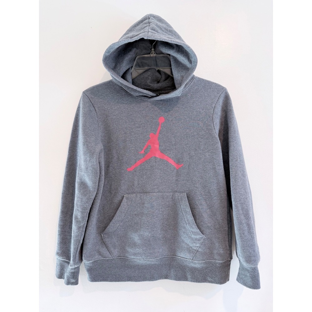 Jordan Boys Heather Grey Pink Jumpman Logo Fleece Pullover Hoodie Size M 10-12